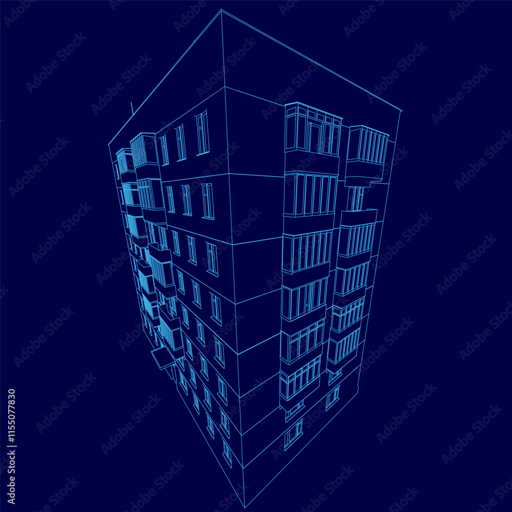 Poster blue building with windows and a blue background. the building is a cube and is shown from the side