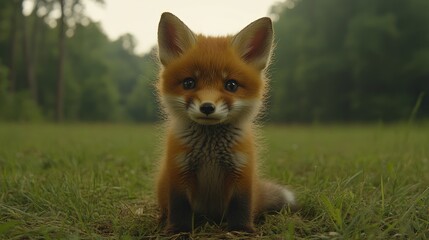 fox kit sitting in grassy field.