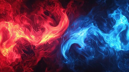 Dynamic Abstract Art of Red and Blue Smoke Swirls on a Dark Background, Symbolizing Fire and Ice in a Captivating Visual Contrast