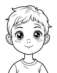A young boy with a smile on his face. He has a pink nose and is wearing a white shirt