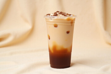 Iced coffee drink layers coffee cream ice cubes