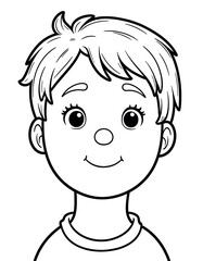 A boy with a black nose and white hair is smiling. The boy is wearing a white shirt and a black hat