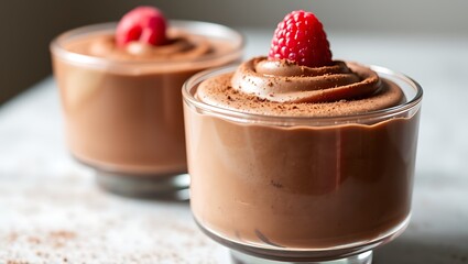Vegan chocolate mousse with mint, bar of chocolate and cocoa beans