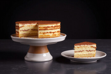 Dessert setup cake tiramisu slice layers crust pedestal