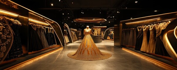 Elegant boutique showcasing stunning evening gowns in luxurious setting.