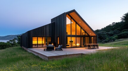 Obraz premium Serene Contemporary Wooden Cabin Nestled in Idyllic Meadow at Sunset