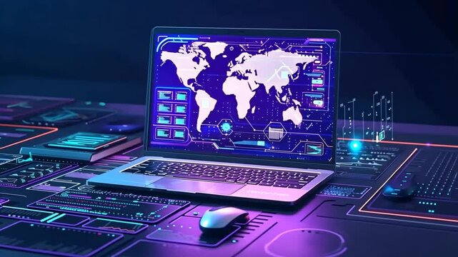 A high-tech workspace features a laptop displaying a digital map of the world alongside vibrant graphical interfaces. The setup is surrounded by neon lights and tech elements