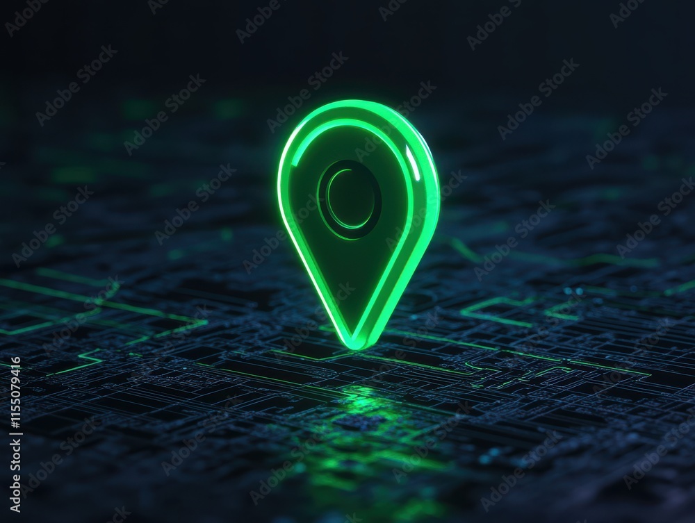 Poster illuminated green location pin on a digital map background.