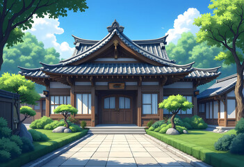 Fototapeta premium 3D illustration. Representation of a traditional Japanese style building, emblematic with gardens. 