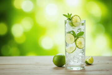 Citrus-infused drink glass lime slices mint background