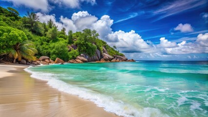 Naklejka premium turquoise ocean waves caressing the shore of a secluded beach in Seychelles , beach scene with waves, wave on sandy beach