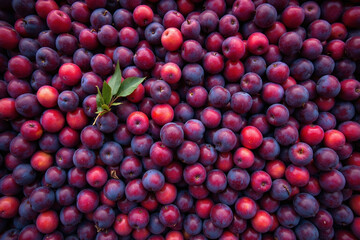 Dense pile of plums purple with leaves scattered