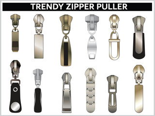  TRENDY ZIPPER SLIDER AND PULLERS SET VECTOR ILLUSTRATION