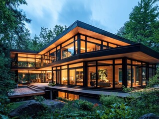 Fototapeta premium Modern architectural design featuring large glass windows.