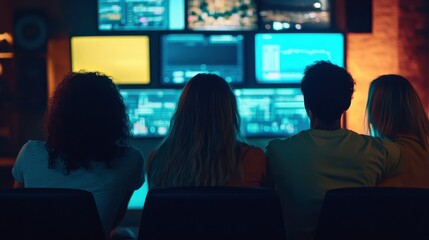 Diverse Team Collaborating on Digital Screens