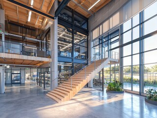 Modern interior design featuring open space and wooden elements.