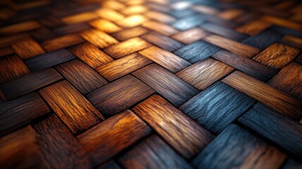 Close-up view of a woven wooden floor with warm and cool tones.