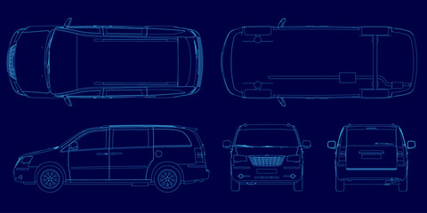 Car is shown in four different angles. The car is a hatchback and is shown in a blue color