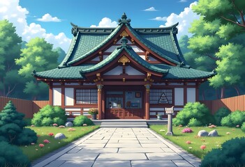 Obraz premium 3D illustration. Representation of a traditional Japanese style building, emblematic with gardens. 