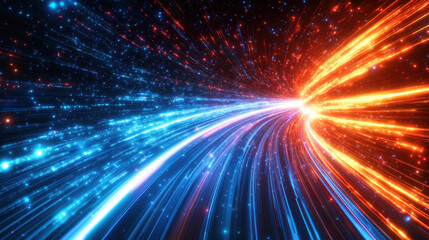 A digital highway of light trails representing fast data transfer, symbolizing the speed and connectivity of technology in an abstract composition