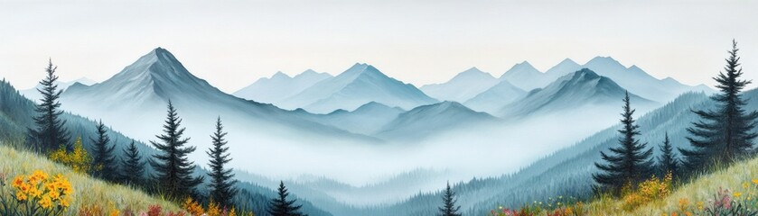 Serene mountain landscape with mist and evergreen trees.