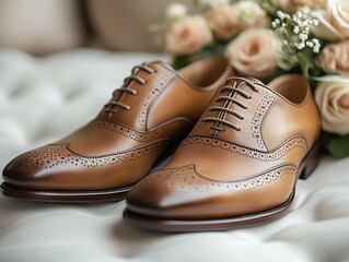 Elegant tan leather dress shoes with floral background for wedding or formal event