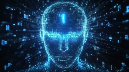 Obraz premium Blue digital background with artificial intelligence head silhouette surrounded by shining data points and stars representing machine learning technology and artificial intelligence