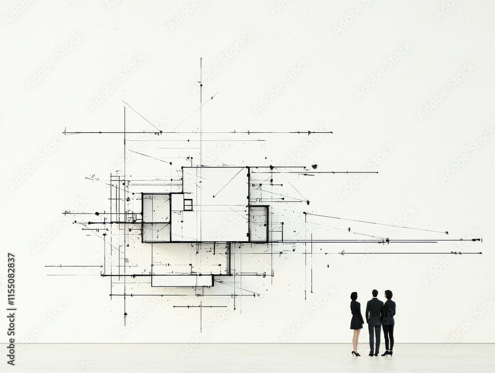 Poster two professionals observe abstract architectural design on wall.