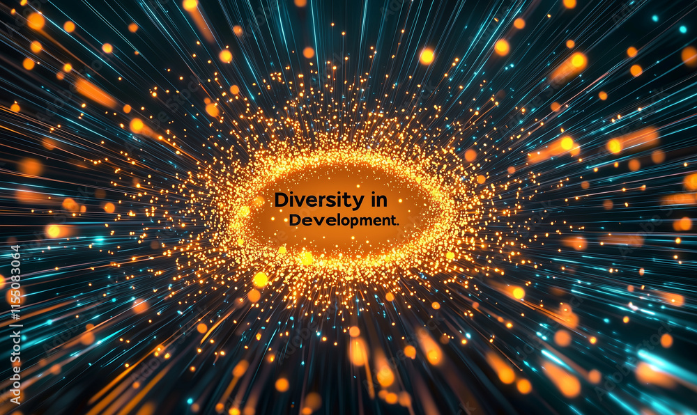 Poster dazzling visual representation of diversity in development with vibrant particles radiating outward.