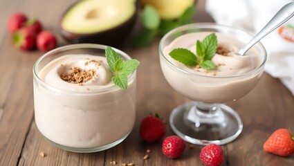 Vegan chocolate mousse with mint, bar of chocolate and cocoa beans