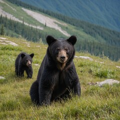 Fototapeta premium A black bear cub playing near its mother in the mountains, white background.