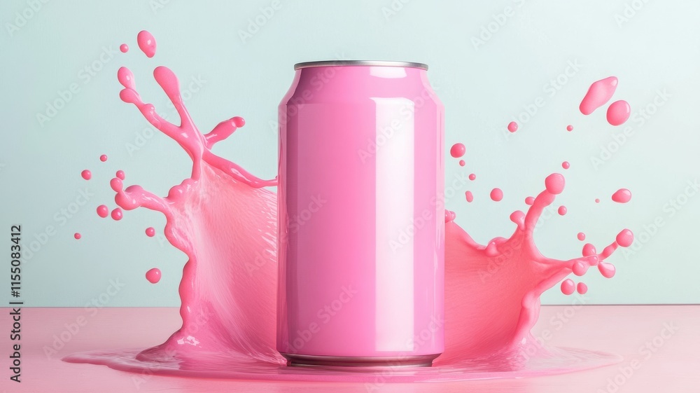 Poster vibrant pink can splashed with liquid, creating a dynamic scene.