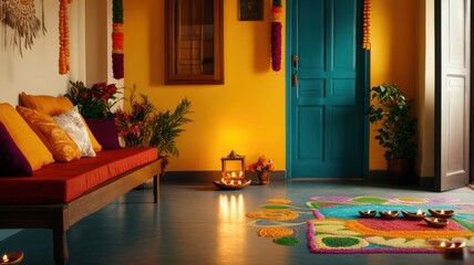 Vibrant living space with colorful decor and warm lighting.