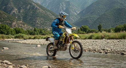Motocross Rider Crossing Mountain River