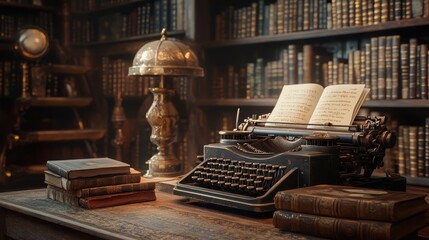 Writing inspiration a vintage library antique typewriter open book cozy setting