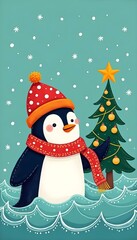 Penguin in winter hat near Christmas tree illustration