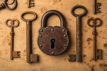 Vintage keys and a metal lock arranged in a flat lay on aged wooden surface