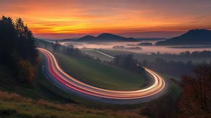 A long exposure photograph of the Road at sunrise, with light trails from passing cars creating an ethereal effect on the road and surrounding landscape