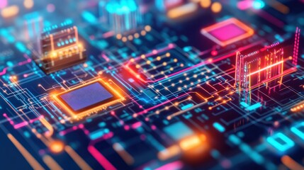 Obraz premium Abstract Circuit Board: Neon Glow, Digital Technology, Microchip, Processor, Innovation, Electronic Components, 