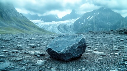 Gray boulder rests on a rocky landscape, mountains and glacier in the distance.