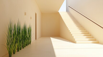 Fototapeta premium Bright and Airy Modern Staircase with Minimalist Decor and Plant in Elegant Interior