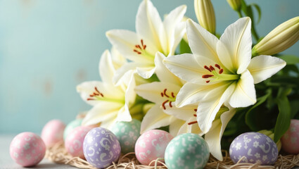 A wicker basket overflowing with colorful pastel Easter eggs sits nestled amongst white lilies and greenery. The scene evokes feelings of joy, hope, and the celebration of spring
