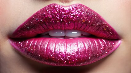 Close-up of sparkling glitter makeup on luscious pink lips with a glossy finish, glitter, makeup, luscious, pink, lips, glossy