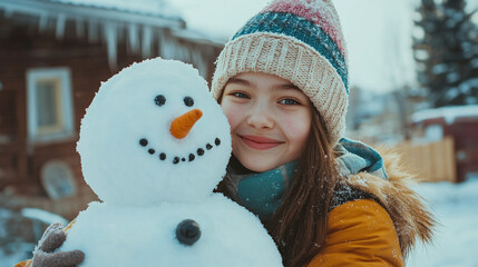 Cute girl hugs a snowman in the yard on a winter day
