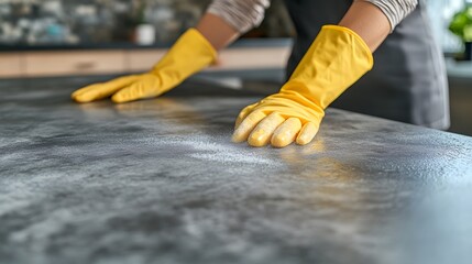 A person in yellow gloves diligently disinfecting surfaces, showcasing a clean, focused environment filled with safety and care.