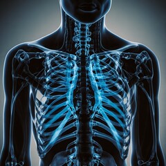 X-ray of a human body with a red mark on the shoulder. Shoulder pain concept motif banner.