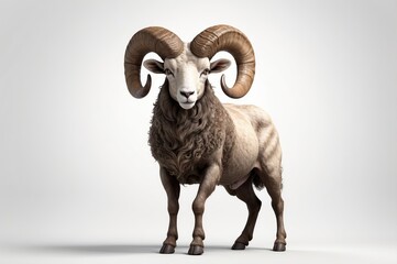 Majestic bighorn sheep with large curled horns, standing against a white background.