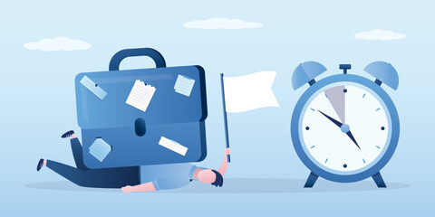 Tired manager lying under heavy briefcase with notes. Excessive workload, task overload, hard work. Male employee holds white flag, giving up. Alarm clock with deadline, concept.