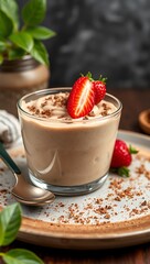 Vegan chocolate mousse with mint, bar of chocolate and cocoa beans