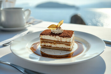 Tiramisu dessert in an elegant dining served with a drizzle of coffee syrup, garnished with a gold leaf on top in front of Italian Coast